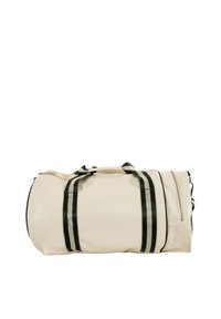 Borsa a duffel beige con strisce verde scuro, tasca laterale con zip e manici doppi. Realizzata in tessuto resistente con una forma cilindrica.