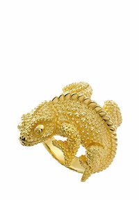 Anillo de oro con forma de lagarto, con escamas texturizadas, características detalladas y un acabado pulido. Diseño intrincado con áreas suaves y elevadas.