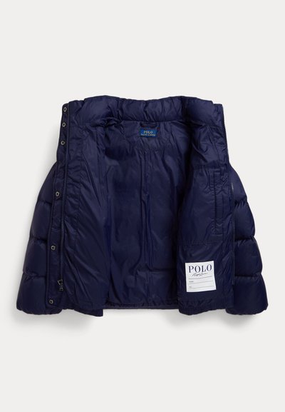 Navy blue puffer jacket with a shiny texture, quilted pattern, and a label. Features a zip closure and snap buttons along the front.