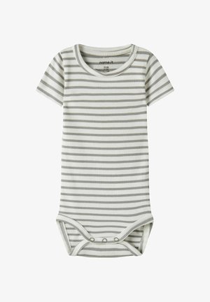 Krótki rękaw prążkowanego body niemowlęcego w szare i białe poziome paski, z trzema zatrzaskami w kroku.