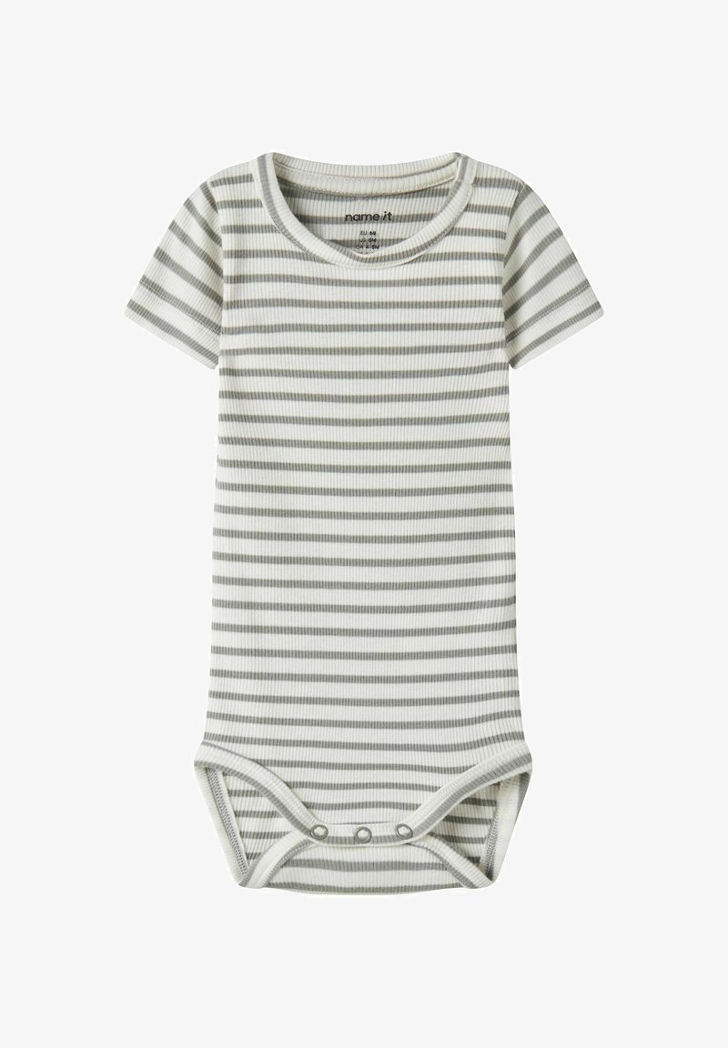 Body pour bébé à manches courtes côtelé avec rayures horizontales grises et blanches et trois boutons-pression à l'entrejambe.
