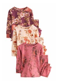 Conjunto de pijama floral que incluye tres camisetas de manga larga y pantalones a juego. Los colores son púrpura intenso, crema y rosa con diferentes patrones florales.