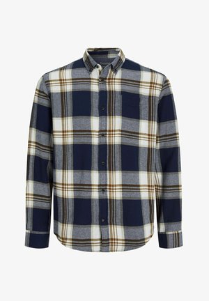 Srajca s gumbom iz flanela v mornarsko modri, sivi in beli barvi z rjavim karirastim vzorcem. Ima en samoten žep na prsih in nastavljive manšete. Tkiva iz mešane bombažne tkanine.