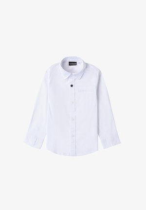 Camicia bianca a maniche lunghe con colletto a punta, chiusura frontale con bottoni, singolo taschino sul petto e tessuto di cotone morbido.