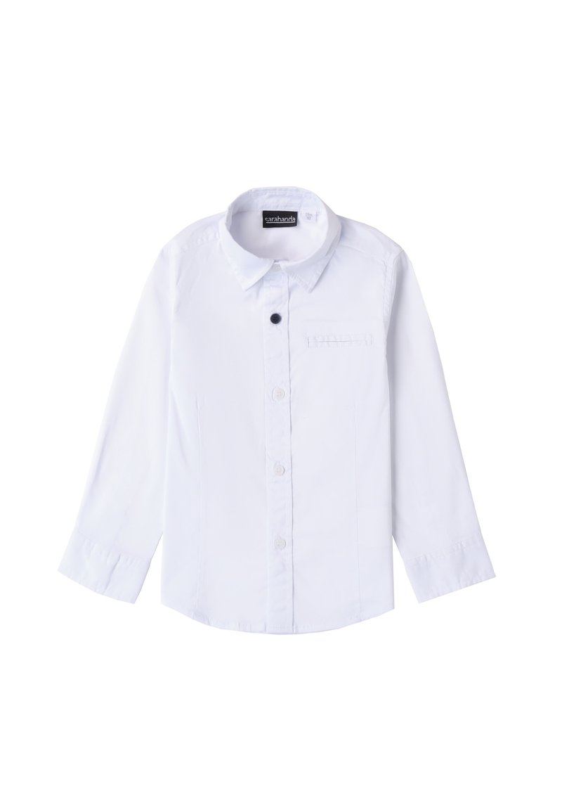 Camicia bianca a maniche lunghe con colletto a punta, chiusura frontale con bottoni, singolo taschino sul petto e tessuto di cotone morbido.