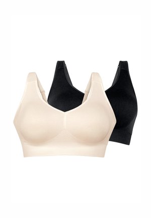 Due reggiseni morbidi senza cuciture, uno beige davanti e uno nero dietro, con spalline larghe e senza chiusure visibili.