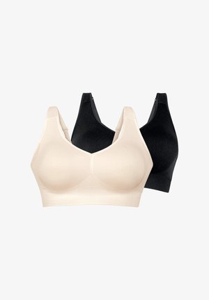 Due reggiseni morbidi senza cuciture, uno beige davanti e uno nero dietro, con spalline larghe e senza chiusure visibili.