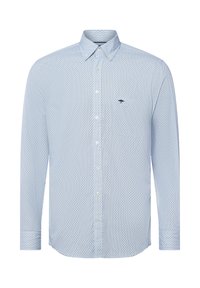 Camicia azzurra chiaro con una piccola fantasia a rombi scuri e logo di un uccello ricamato in navy sul lato sinistro del petto, maniche lunghe e colletto con bottoni.