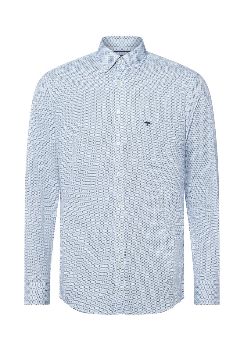 Camicia azzurra chiaro con una piccola fantasia a rombi scuri e logo di un uccello ricamato in navy sul lato sinistro del petto, maniche lunghe e colletto con bottoni.