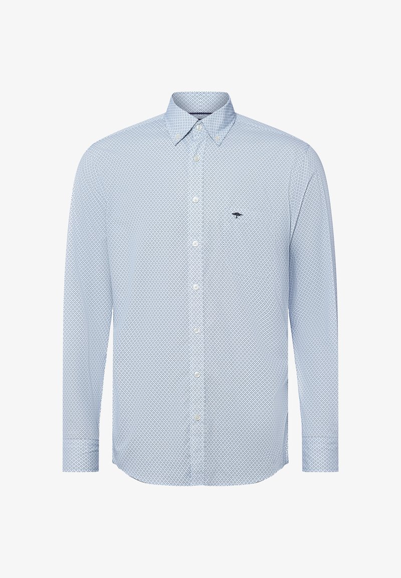 Camicia azzurra chiaro con una piccola fantasia a rombi scuri e logo di un uccello ricamato in navy sul lato sinistro del petto, maniche lunghe e colletto con bottoni.