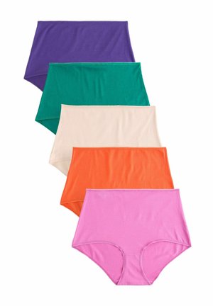 Vijf paar dames katoenen slips, met kleuren paars, groen, beige, oranje en roze. Hoog-getailleerd ontwerp met een gladde textuur.