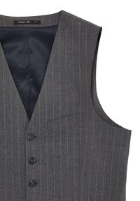 Gilet pour homme gris foncé avec de fines rayures blanches, trois boutons noirs, une poche poitrine et doublure intérieure noire.