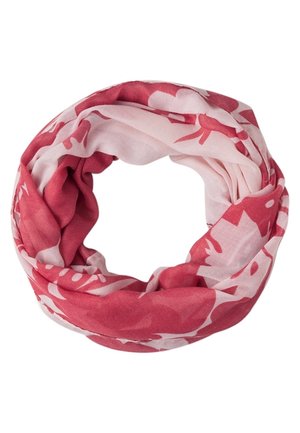 Light pink and deep rose infinity scarf with abstract floral patterns, softly twisted into a circular loop on a white background.