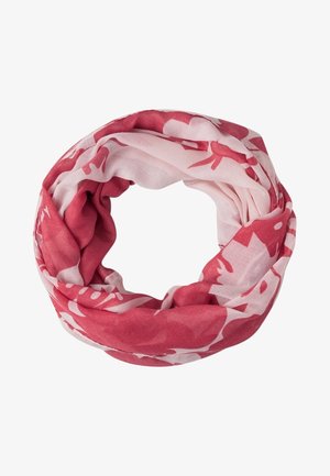 Lyserød og dyb rosenrød uendelighedssjal med abstrakte blomsterpattern, blødt tvistet til en cirkulær sløjfe på hvid baggrund.