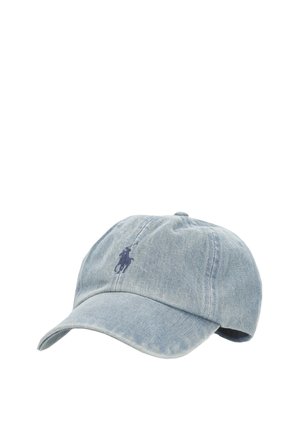 Casquette de baseball en denim bleu clair avec visière incurvée et logo brodé joueur de polo bleu foncé sur le panneau avant.