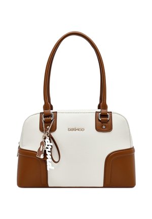 Sac à main en cuir blanc et marron avec double poignées, logo Derimod, et porte-clés avec un lapin et le texte "Puma".