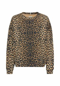 Leopardenmuster Sweatshirt in Beige und Schwarz. Hat einen Rundhals, lange Ärmel und eine lockere Passform mit geripptem Saum und Bündchen.