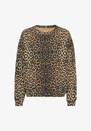 Beige en zwarte sweatshirt met luipaardprint. Beschikt over een ronde halslijn, lange mouwen en een relaxte pasvorm met een geribbelde onderrand en manchetten.