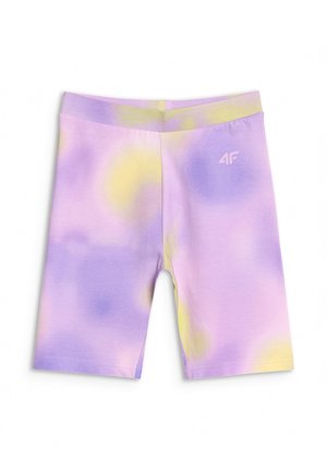 Krótkie spodenki rowerowe w stylu tie-dye w pastelowych fioletach, żółciach i różach z małym logo 4F na prawej nodze.