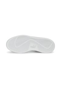 Semelle en caoutchouc blanche avec un motif en chevrons, arborant le logo Puma. Texture lisse avec des bords arrondis et un design plat et large.