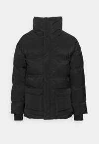 Czarna kurtka puchowa z wysokim kołnierzem, wyposażona w zamek błyskawiczny z przodu, dwoma dużymi kieszeniami na klapę oraz elastycznymi mankietami zapewniającymi dopasowanie.