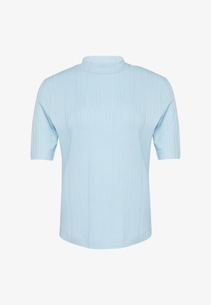 Lichtblauw korter mouwtop gemaakt van ribbelstof met een opstaande nek en een rechte zoom, met textuurlijnen in verticale richting.
