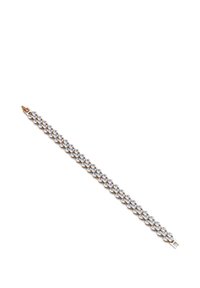 Bracciale in oro rosa con numerosi cristalli trasparenti rotondi incastonati in un motivo a catena, dotato di chiusura sicura. Finitura liscia e lucida.