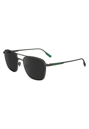 Occhiali da sole con lenti scure, montatura sottile in metallo nero, accenti verdi sulle tempie e naselli regolabili per il massimo comfort.