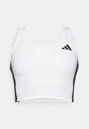 Hvit sportskort topp laget av teksturert stoff, med svarte sidestriper og en svart logo på øvre venstre side. Klassisk design med brede stropper.