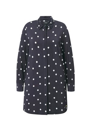 Marineblauw shirt met witte stippen, een kraag en lange mouwen met knopenmanchetten. Glad stof, rechte snit.