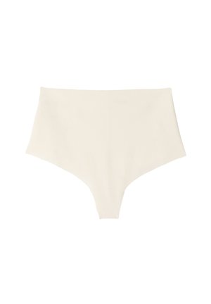 Kalhotky s vysokým pasem vyrobené z jemné béžové tkaniny. Mají hladký povrch a bezešvé okraje pro maximální pohodlí. Minimalistický design bez vzorů.