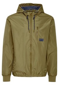 Lightweight olive green jacket with a hood, featuring a zip closure, elastic cuffs, and a chest pocket. Smooth, shiny fabric finish.