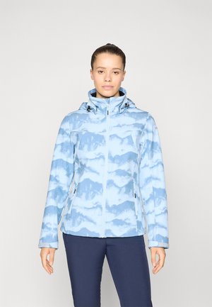 Lyseblå jakke med skymønster, glidelås, justerbar hette og sidelommer. Glatt tekstur og tettsittende design.