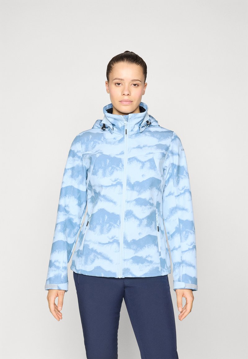 Light blue jacket with cloud-like patterns, zip closure, adjustable hood, and side pockets. Smooth texture and fitted design.