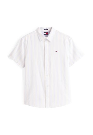 Rövid ujjú gombos ing világos fehér szövetből, finom függőleges csíkozással. A mellzseben kis logó található. Klasszikus gallér kialakítás.