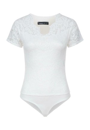 Top in pizzo bianco a maniche corte, con scollatura a girocollo e corpetto aderente, motivo floreale testurizzato e fondo liscio.