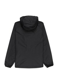 Black waterproof jacket with a hood, long sleeves, elastic cuffs, and smooth texture. Features a simple, uncluttered design, back view.