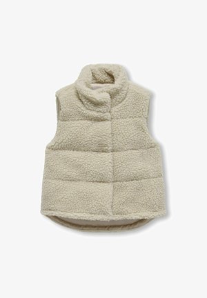 Veste sans manches en polaire couleur crème avec un col montant, un design matelassé gonflé et une surface douce et texturée. Ourlet arrondi.