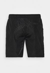 Short de bain noir avec une taille élastique et un motif géométrique et textuel subtil et brillant sur toute la surface, doté d'une poche arrière avec fermeture par bouton.