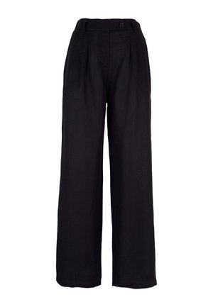 Pantaloni neri a vita alta con gamba larga, pieghe anteriori, chiusura con bottoni e passanti per cintura.