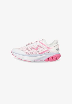 White athletic shoe with pink accents, mesh upper for breathability, cushioned sole for comfort, and distinctive pivot strike technology.