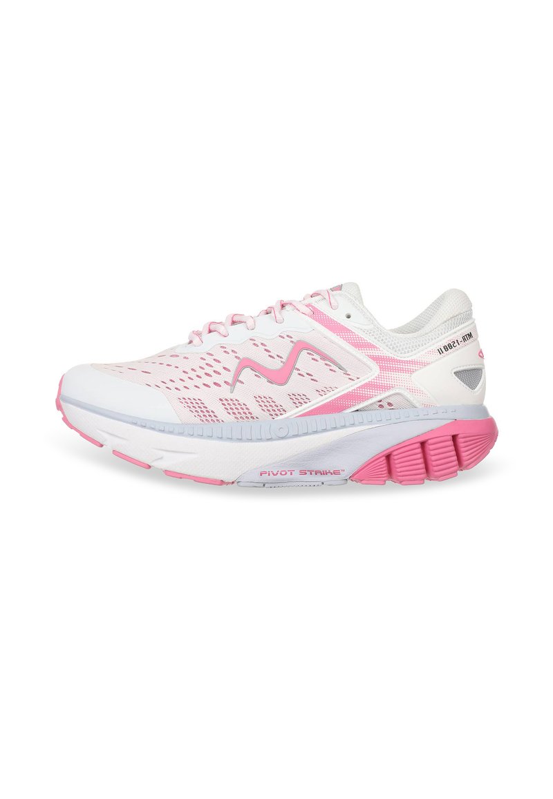 White athletic shoe with pink accents, mesh upper for breathability, cushioned sole for comfort, and distinctive pivot strike technology.