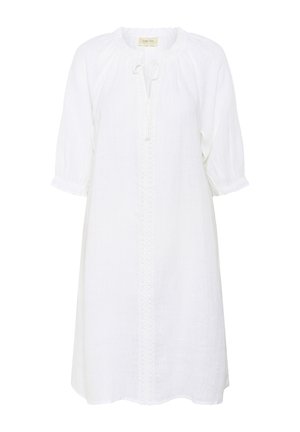 White linen dress with a round neckline, drawstring closure, and embroidered detailing along the front. Three-quarter sleeves with elastic cuffs.