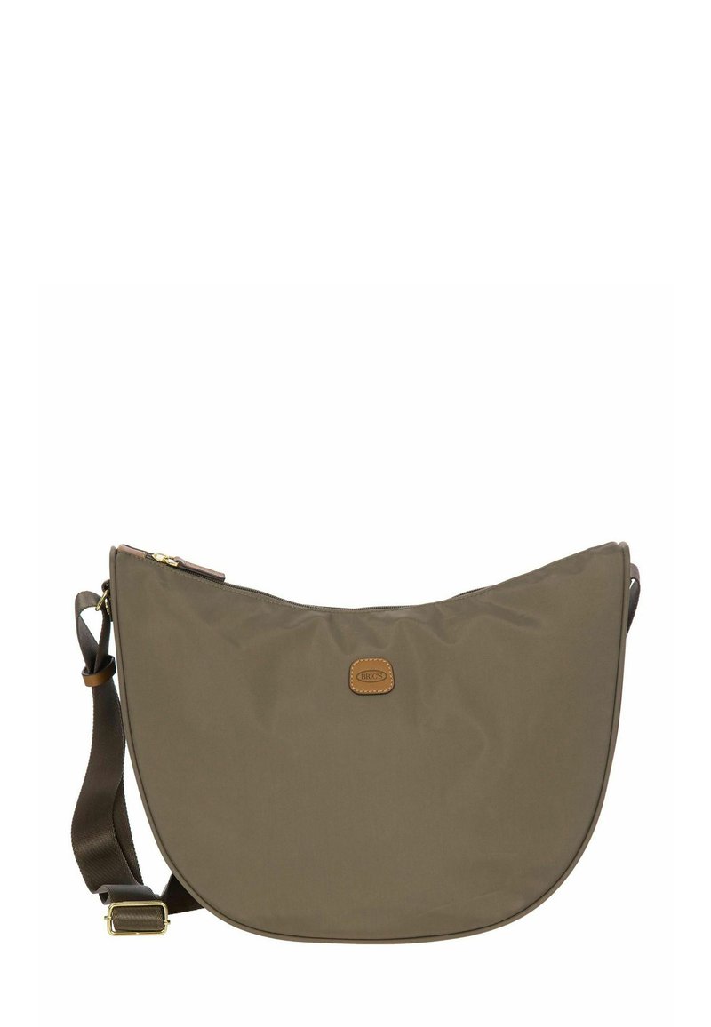 Sac bandoulière marron avec sangle réglable, fermeture éclair dorée et petite étiquette en cuir avec logo à l'avant.