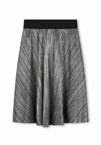 Jupe avec taille élastique noire en tissu métallisé plissé, ornée de rayures verticales argentées et noires. Silhouette évasée en A.