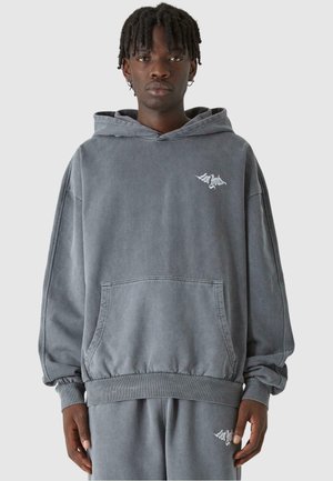 Gray hoodie made of soft fabric, featuring a front pocket, ribbed cuffs, and a small white logo on the chest. Loose-fitting design.