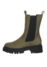 Oliivinvihreä mokkanahkainen Chelsea-boot, jossa on joustavat sivupaneelit, vetotappi ja paksu musta kumipohja, jossa on pitoa parantava uritus.