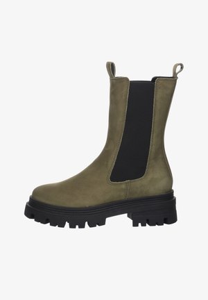 Olive green suede Chelsea boot featuring elastic side panels, pull tab, and chunky black rubber sole with tread for traction.