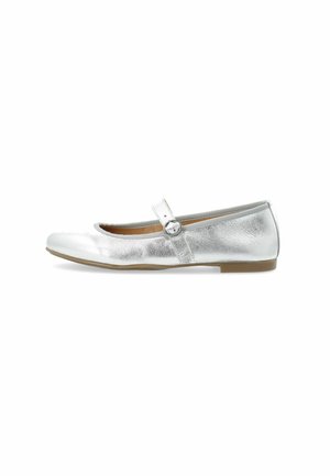 Silver leather ballet flat with a rounded toe, single strap across the instep, and a low, flat sole. Smooth texture, minimal accents.