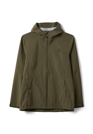 Giacca impermeabile verde oliva con cappuccio, zip frontale, due tasche laterali e un piccolo logo nero sul petto a sinistra.